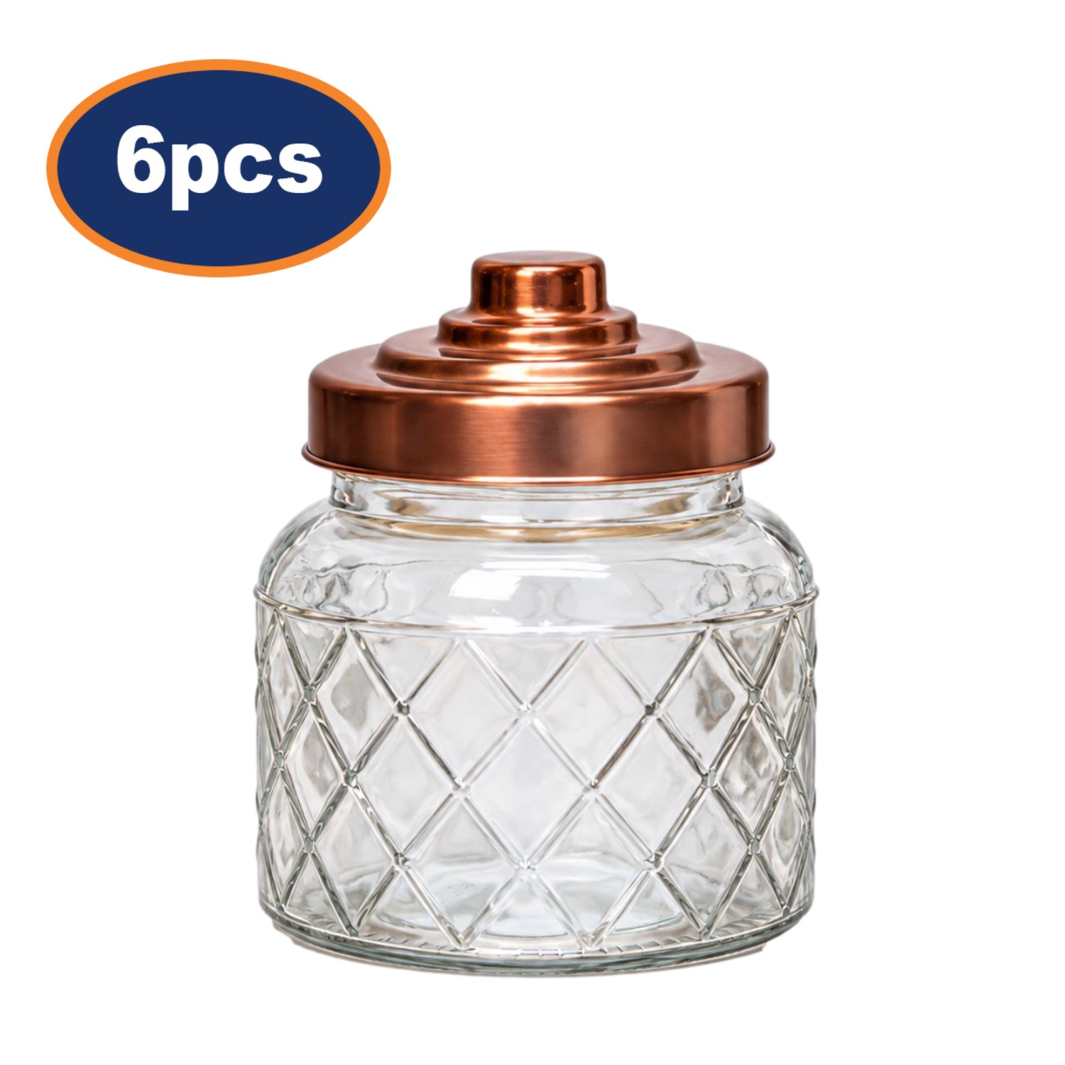 Storage Glass Jar Set of 6 600ml Airtight Copper Screw Lid Diamond Food Canister