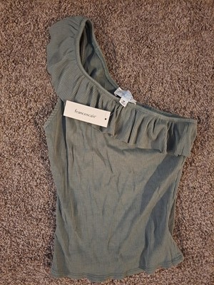 Francesca's Green Ribbed One Shoulder Cropped Top M Ruffle Accent Sleeveless