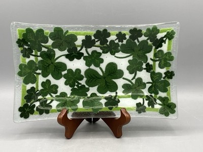 Vintage Peggy Karr Fused Glass Shamrock Pattern Platter Signed & Dated