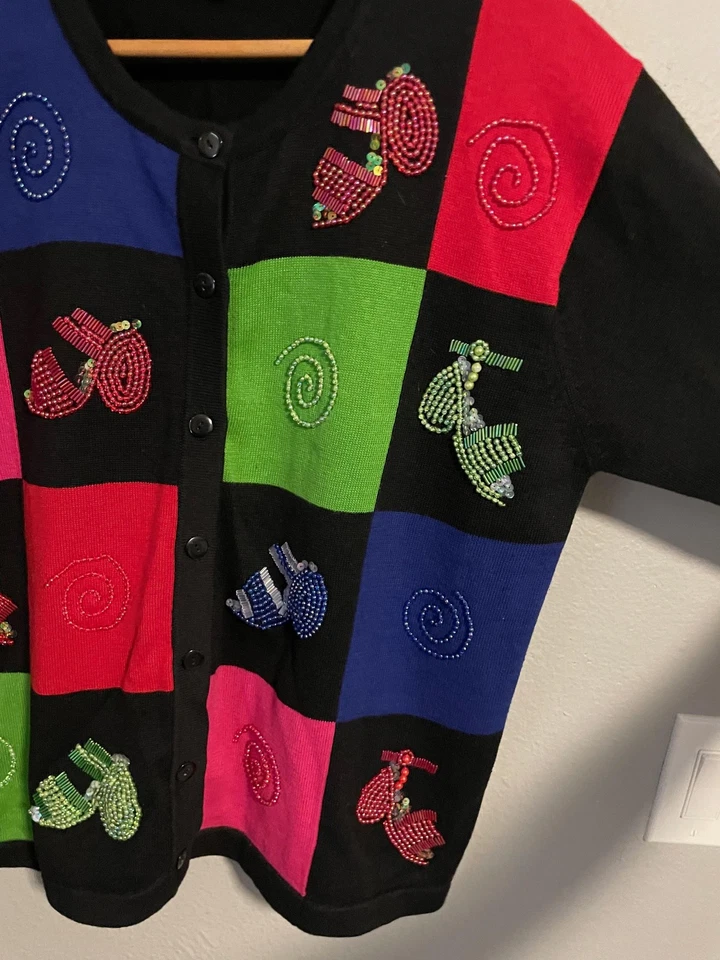 Terazzo Sweater Womens Large Black Colorblock Beaded Kokopelli Cardigan Artsy - Image 3 of 4
