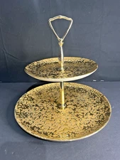Weeping Bright Gold 2 Tier Serving Tray Hand Decorated with 22kt Gold Vintage