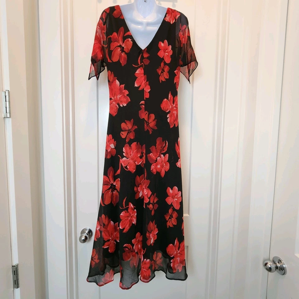 De Colección Dressbarn 16 Negro Rojo Floral Midi Y2K Oscuro Romántico Capricho Fairygrunge Foto 3 de 4