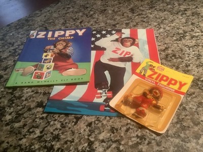 ZIPPY THE CHIMP! 1953 Rand McNally book, 1984 sealed toy, & advertising brochure