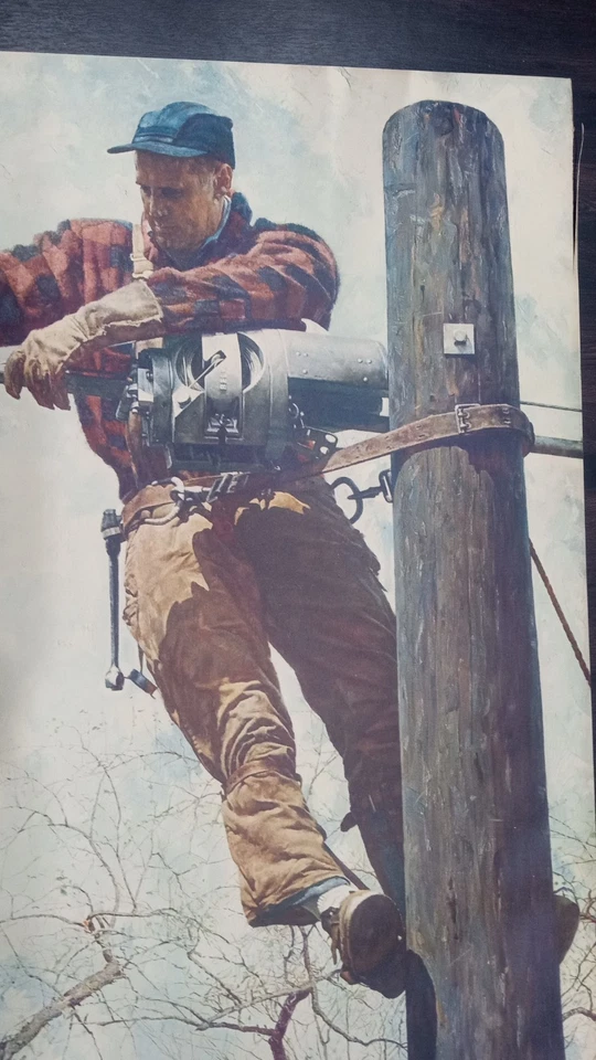 Colotipo de liniero telefónico Norman Rockwell Arthur Jaffe años 40 31-3/4 x 23-5/16 Foto 3 de 4