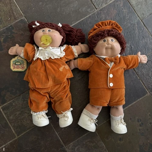 Vintage 1982 Rare Cabbage Patch Dolls Twins Boy & Girl Orange Velvet Brown Eyes