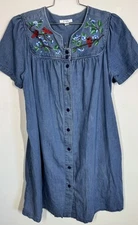 Go Softly Patio Snap Up Denim Dress Embroidered Cardinals Pockets Size L Duster