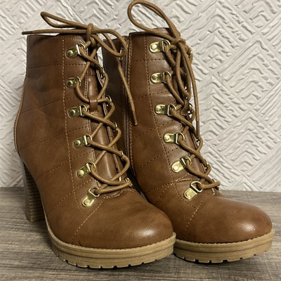 #ad GBG Guess GGJGALLS C Heel Combat Boots Size 8.5 Brown Lace Up amp; Side Zip Booties $24.29