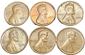 Lincoln’s FLOATING ROOF Small Cents 6 Different Dates Copper 1969-1971 ERRORS