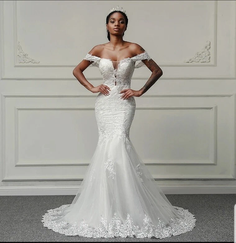 UK Off Shoulder Lace Mermaid Wedding Dress Sexy Bridal Gown Court