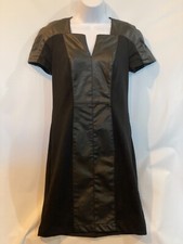 Beige Eci 4 Black Stretch Faux Leather Trim Short Sleeve A Line Dress EUC