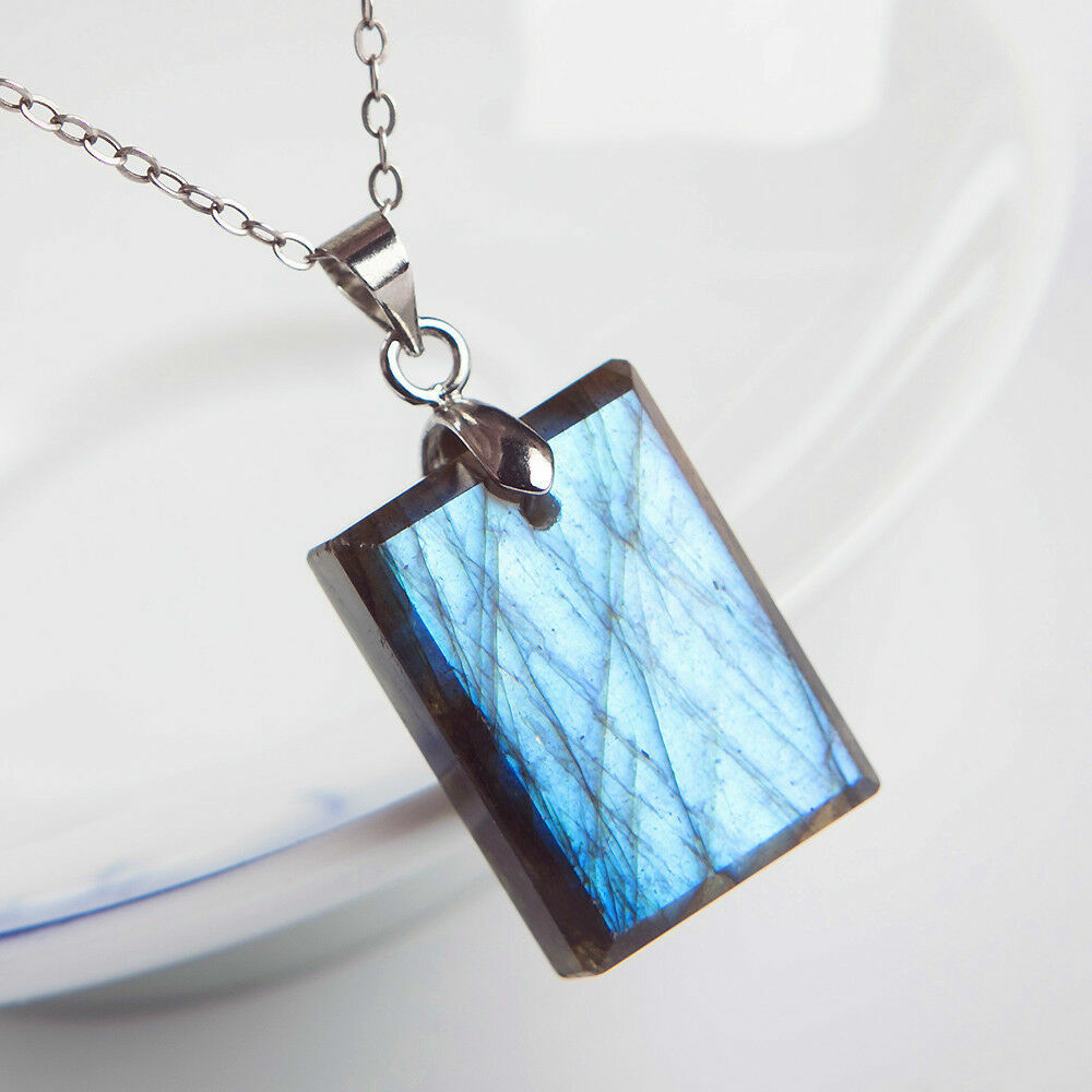 Genuine Natural Labradorite Blue Light Stone Rectangle Shape Pendant AAAA