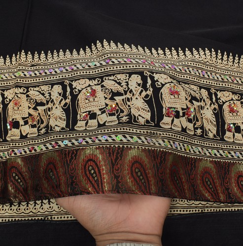 Sushila Vintage Black Sari Blend Silk Printed & Embroidered Elephant Sari Fabric - Picture 8 of 11