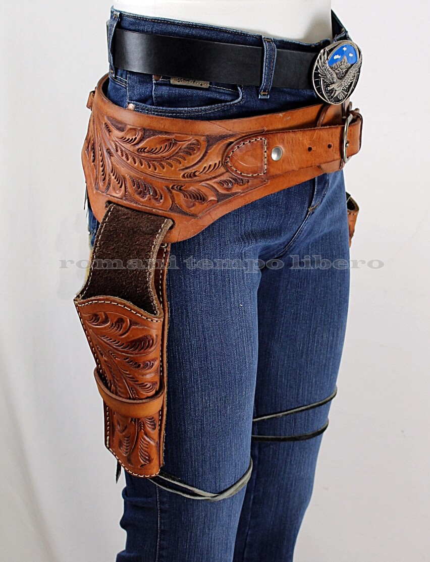 Leather Belt Worked Western Leather Double Holster Gun Belt