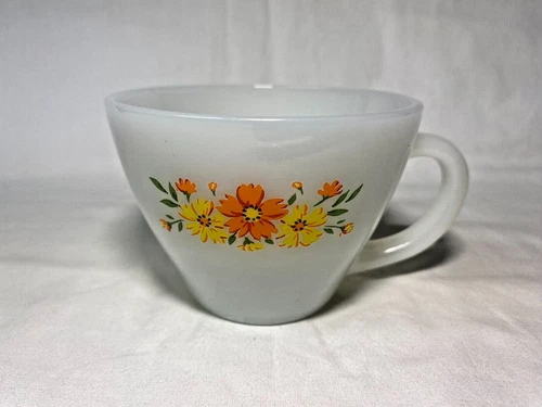 Vintage Fire King Floral Pattern Tea Cup Late 60's Early 70's Milk Glass
