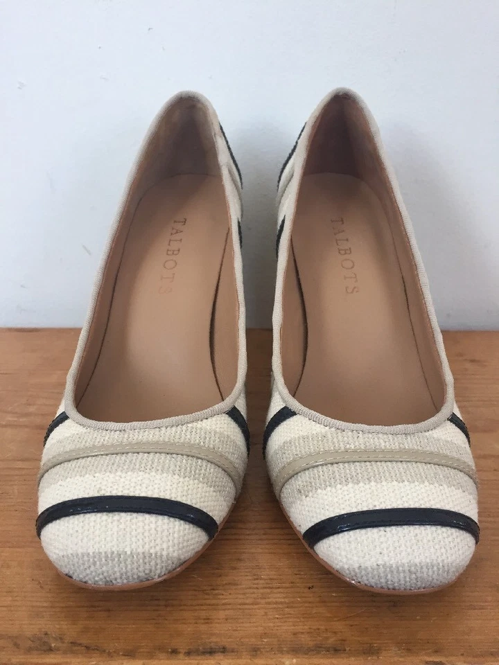 Zapatos de salón Talbots beige negro a rayas de lino punta redonda tacón alto para mujer 5,5 M 35,5 Foto 2 de 4