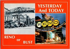 Postal de Nevada con vista histórica de hotel casino ayer y hoy de Reno or Bust de la década de 1970