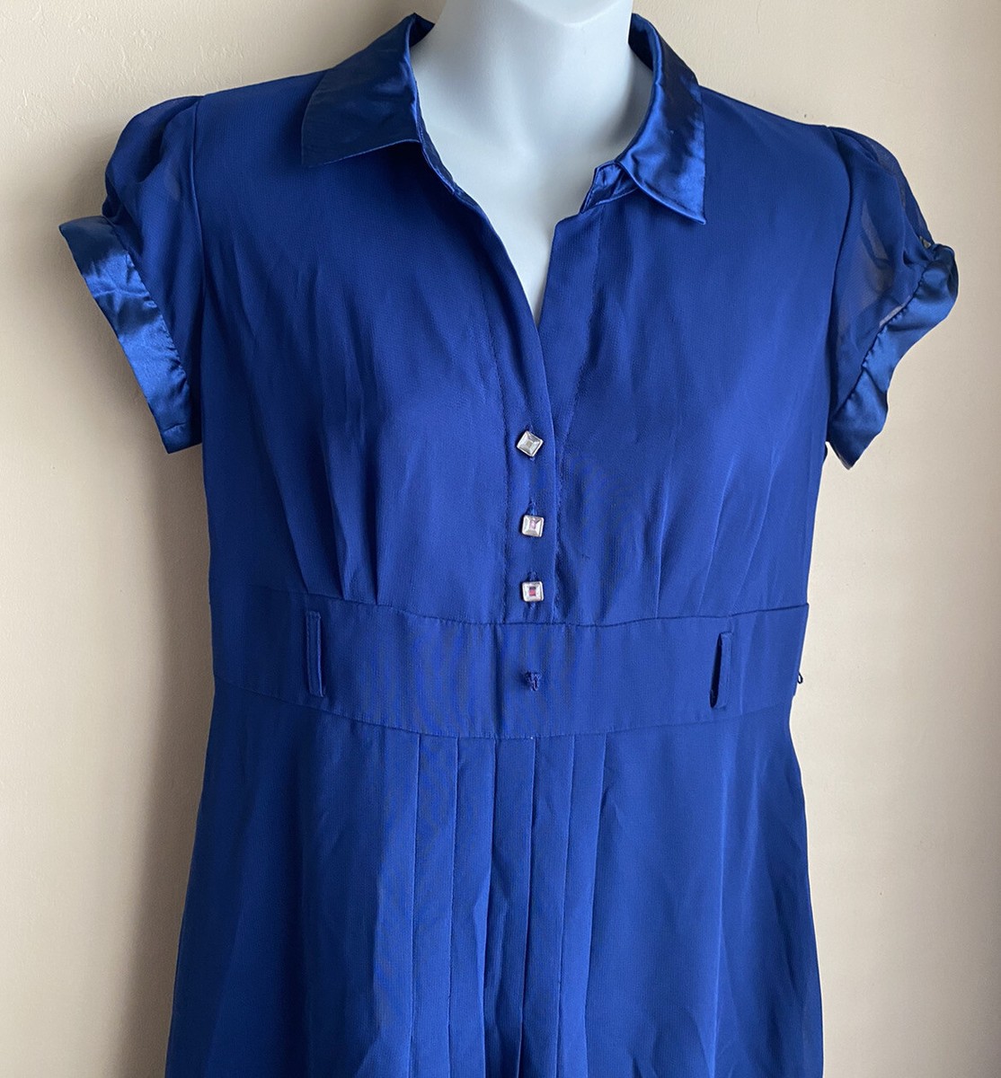 signature by robbie bee blue dress Size 10P Fit Flare Button Tie Collared Shift Retail Price