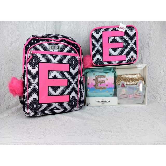 Justice Initial E Tie Dye Backpack Bag Set Black Pink Purse Lunch Tote