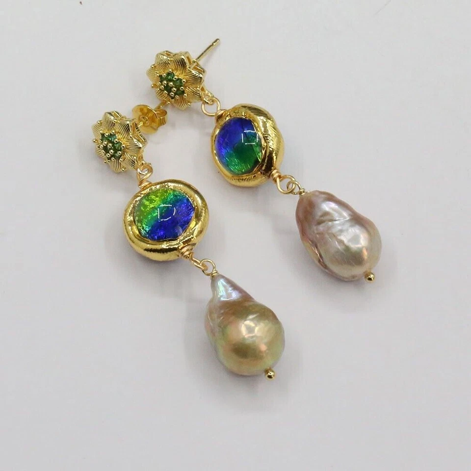 Freshwater Cultured Purple Keshi Pearl Blue Murano Glass Earrings For Lady - Image 4 of 4