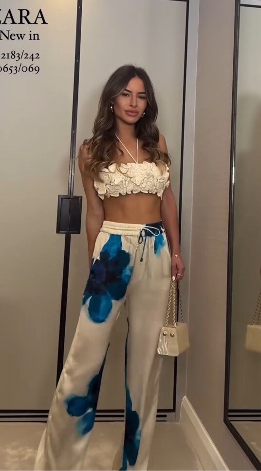 ZARA SS24 MID-RISE PRINTED PYJAMA-STYLE TROUSERS PANT L XXL ECRU