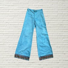 Vintage 70s Bell Bottom Pants Blue W Floral Print Trim Hippie