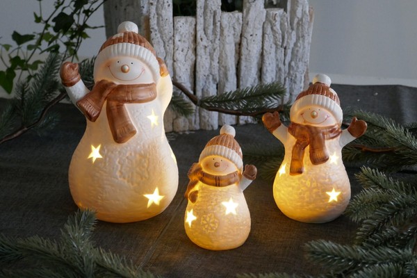 3 StüCk Dekofigur Schneemann Porzellan Led Beleuchtung Weihnachtsdeko-image