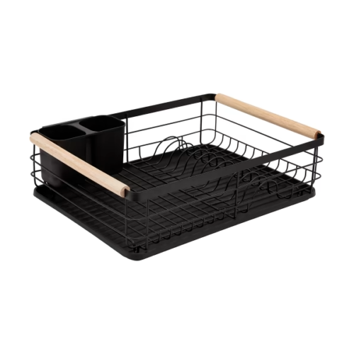 Black Dish Drying Rack With Drip Tray Cutlery Rack And Wooden Handle Kitchen - Picture 9 of 9