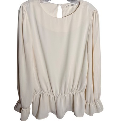 Zenana Peplum Blouse Womens Medium Cream Ruffle Cuff Crepe Top Career