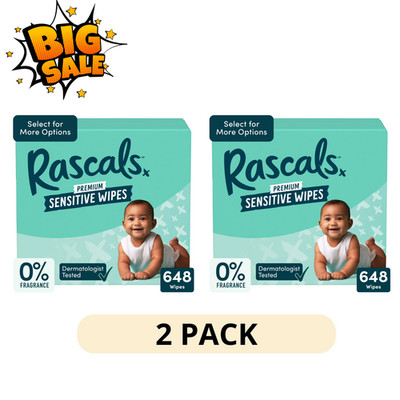 2 Pack Rascals Premium Sensitive Baby Wipes Alcohol Free 648 Count
