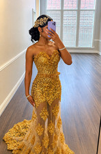 Gold Lace Applique Strapless Formal Gown w/ Train, Tulle, Headpiece Heels