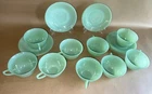 Vintage Fire King Glass Jadeite Green Set of Jane Ray Ribbed 9 Cups & 6 Saucers