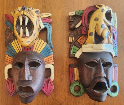 2 Handmade Mexican Wooden Masks, Size: 7 inches x 4 inches