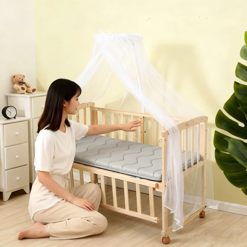 Baby Wooden Bedside Crib Co-Sleeping w/Mosquito Net&Mattress,Newborn-Toddler Cot - Image 4 of 4
