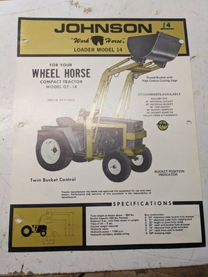 #ad JOHNSON WORK HORSE TRACTOR LOADER MODEL 14 SPECS ATTACHMENTS BROCHURE GT 14 $220.00