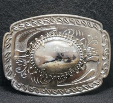 XC17125 VINTAGE 1970s  STONE  FLORAL  SILVERTONE UNISEX FASHION BELT BUCKLE