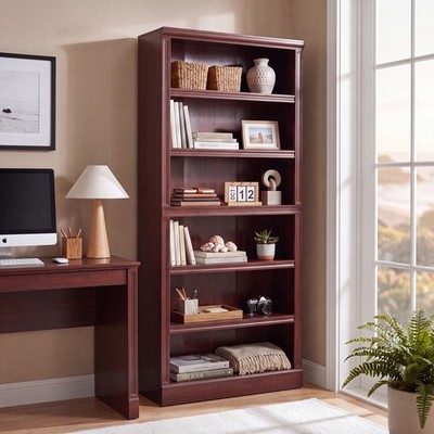 75.2'' Cherry Wood 6-Shelf Bookcase Storage Shelving Wide Bookshelf Adjustable