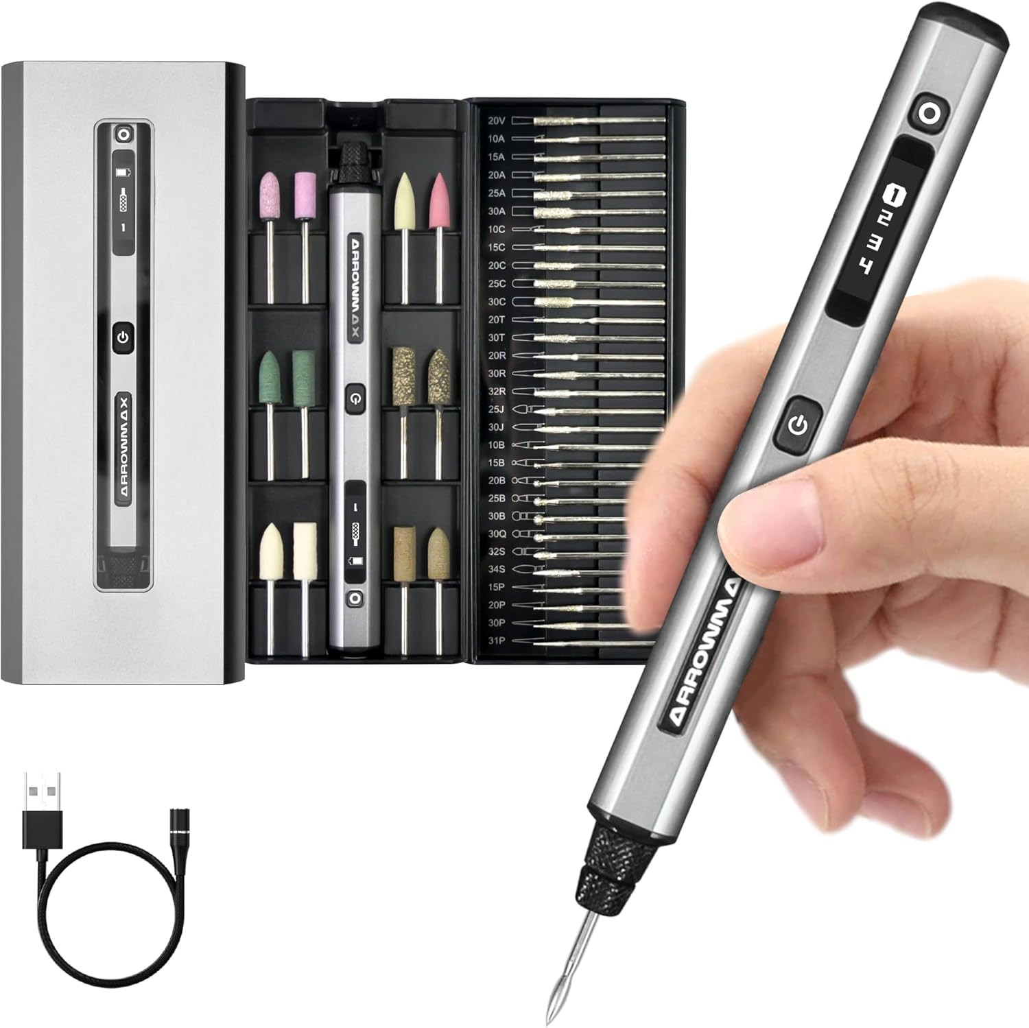 Penna Elettrica Micro-abrasiva Ricaricabile USB – 3 Velocità Regolabili (5000-18000 Giri/min), Per Incisione, Smerigliatura E Lucidatura Su Legno, Metallo, Vetro E Pelle