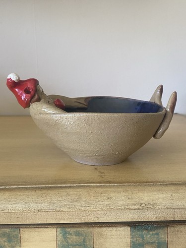 Bill Hicks Studio Pottery Reindeer Bowl Whimsical Blue Glaze Signed - Picture 6 of 15