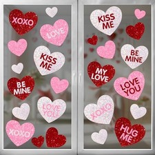 Valentines Day Window Clings Decorations: 8 Sheets Large Glittered Red Pink
