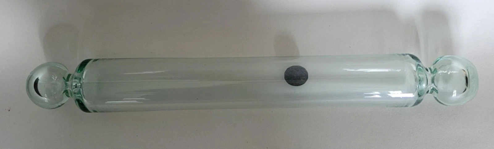 Vintage Hand Blown Pale Green Glass Rolling Pin with George VI 1944 Three Pence