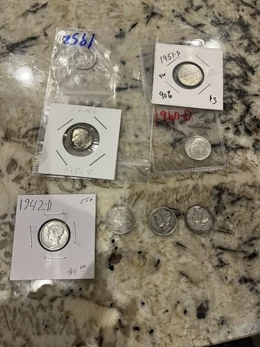 1942-D 10C Mercury dime & 7 More Including 1944, 43, 194?, 81 Proof, 51, 52, 60