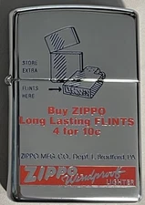 ZIPPO 2002 LONG LASTING FLINTS ADVERTISING CHROME LIGHTER UNFIRED IN BOX K926