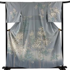 Japanese Silk Houmongi Kimono M 157cm Light blue Branch flower Leaf pattern 3700