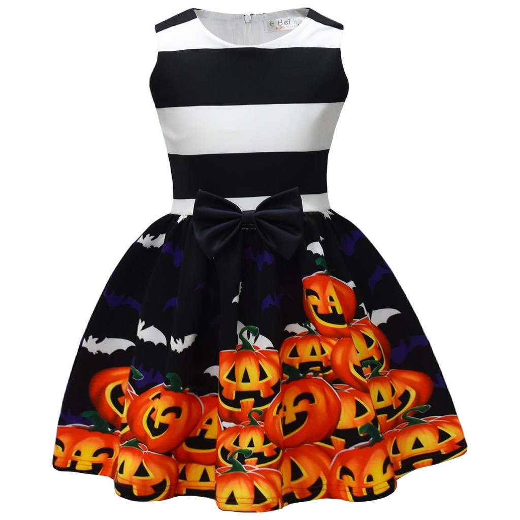 Vestido de niña con estampado de calabaza sonriente de Halloween con lazo para niños lindo estilo de dibujos animados