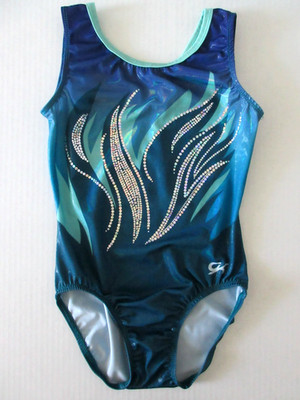 GK Elite Gymnastics Leotard Size AS Adult Small Teal Green Blue Sequins Sparkle