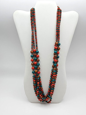 Multi Strand Beaded Statement Necklace Wood Beads Earth Tones Natural Boho