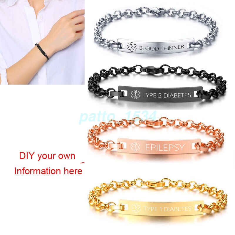 Women Medical Alert ID Bracelet Steel Bracelet Bangle Personalize Engraved Chain