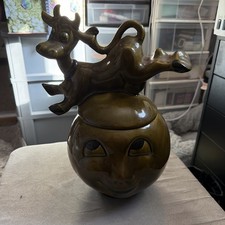 Vintage DORRANE COW JUMP OVER THE MOON USA CERAMIC COOKIE JAR GREEN 13 1/2" TALL
