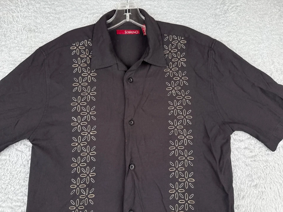 Sobrino Guayabera Shirt Adult Small Black Floral Rayon Polyester Blend - Image 4 of 4