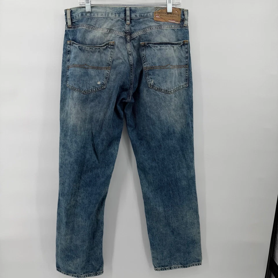 Jeans masculino 34x30 denim supply Ralph Lauren ajuste desleixado azul desgastado - Imagem 3 de 4